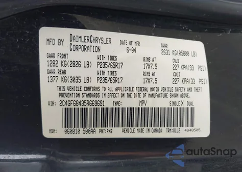 2005 Chrysler Pacifica Touring z USA, uszkodzony, nr VIN 2C4GF68435R669691